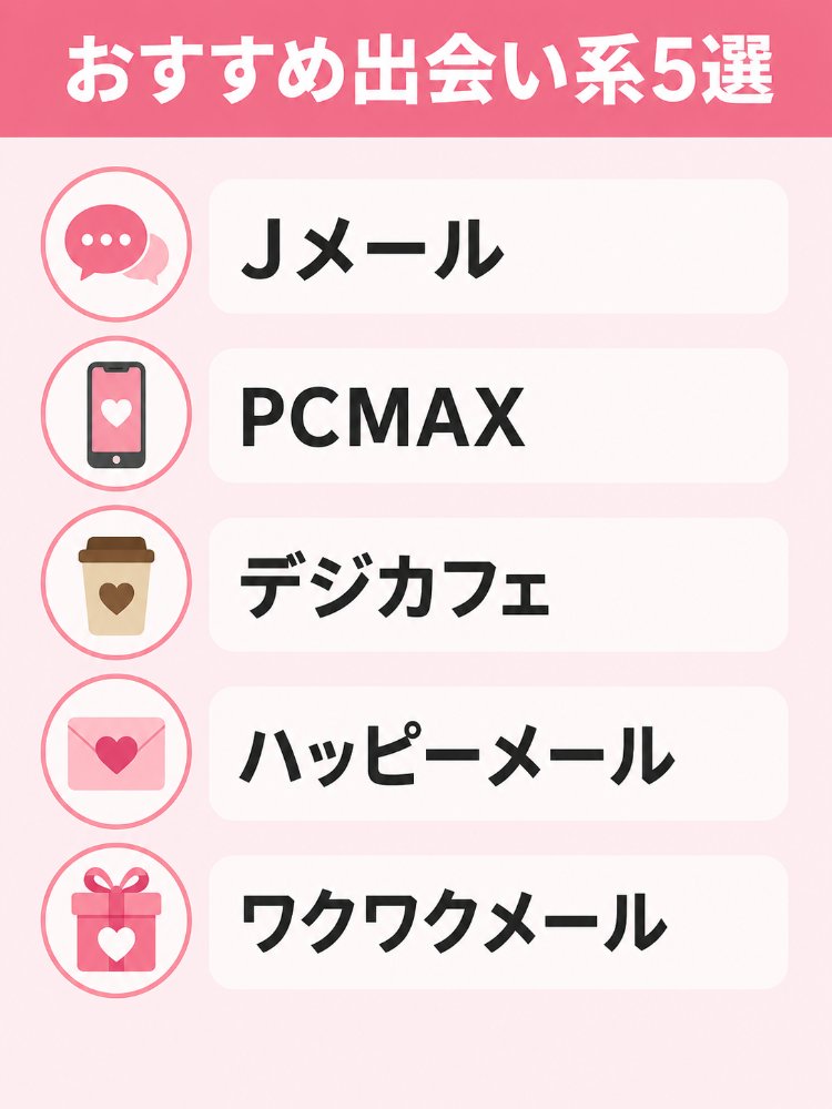 セックスできるアプリおすすめ5選(Jメール・PCMAX・デジカフェ・ハッピーメール・ワクワクメール)の比較図